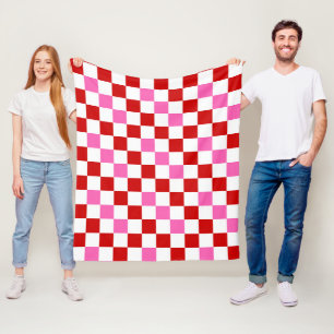 Red White Pink Checkered Pattern Design  Fleece Blanket