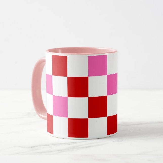 Red White Pink Checkered Pattern Design  Mug (Front Left)