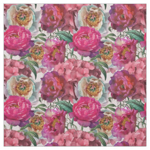 Red White Pink Peonies & Hydrangea Flowers Fabric