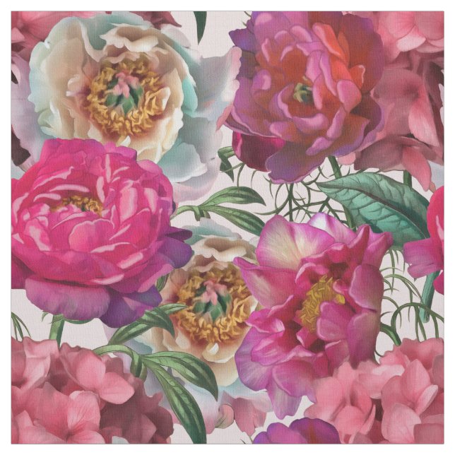 Red White Pink Peonies & Hydrangea Flowers Fabric (Swatch)