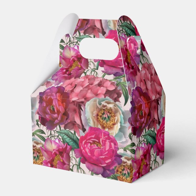 Red White Pink Peonies & Hydrangea Flowers Favor Boxes (Front Side)