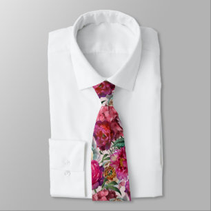 Red White Pink Peonies & Hydrangea Flowers Neck Tie