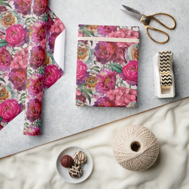 Red White Pink Peonies & Hydrangea Flowers Wrapping Paper (Crafts)