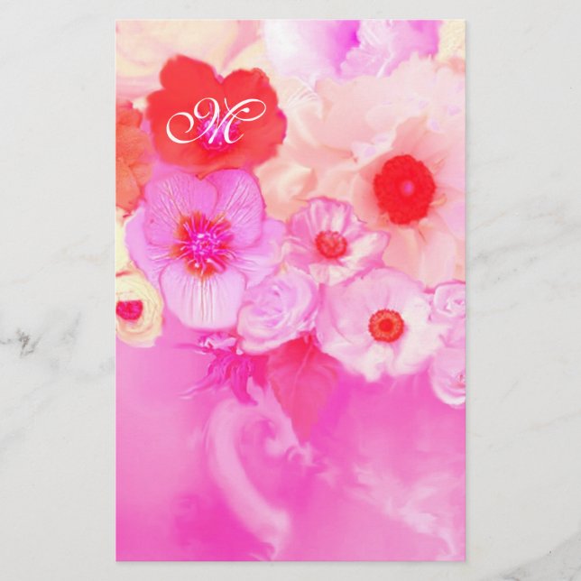RED WHITE PINK ROSES AND ANEMONE FLOWERS MONOGRAM STATIONERY (Front)