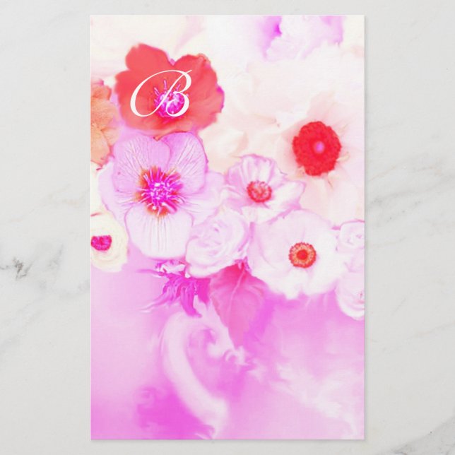 RED WHITE PINK ROSES AND ANEMONE FLOWERS MONOGRAM STATIONERY (Front)