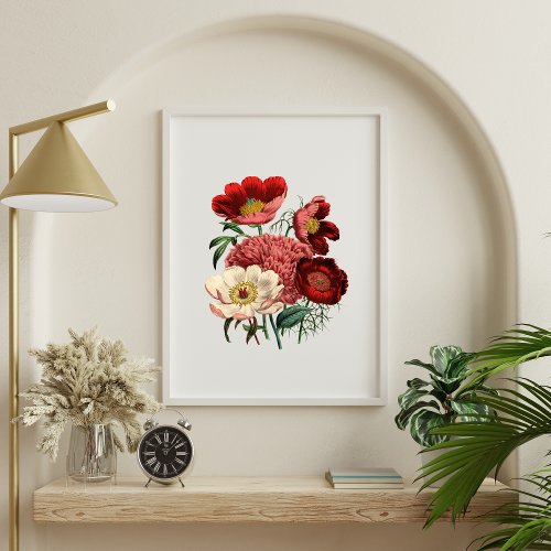 Red White Pink Vintage Watercolor Floral Flowers Poster