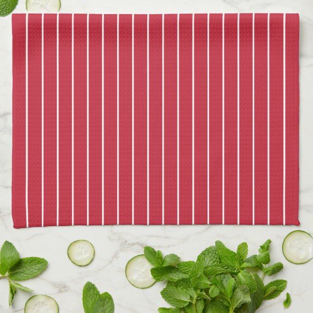 Red White Pinstripe Pattern Kitchen Towel (Folded)