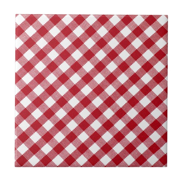 Red & White Plaid Checked - Choose Your Color Ceramic Tile (Front)