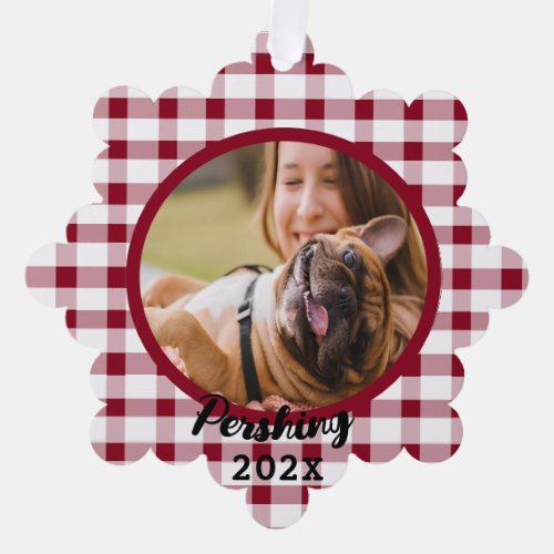 Red White Plaid Dog Pet Memorial Custom Photo Ornament Card