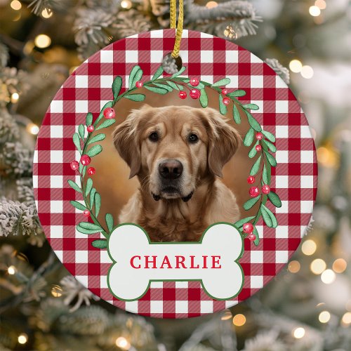 Red &Amp;Amp; White Plaid Dog Photo Christmas Wreath Ceramic Ornament