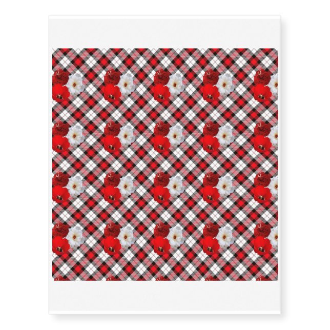 red white plaid-flowers temporary tattoos (Front)