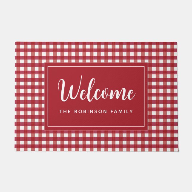 Red White Plaid Personalized Monogram Welcome Doormat (Front)