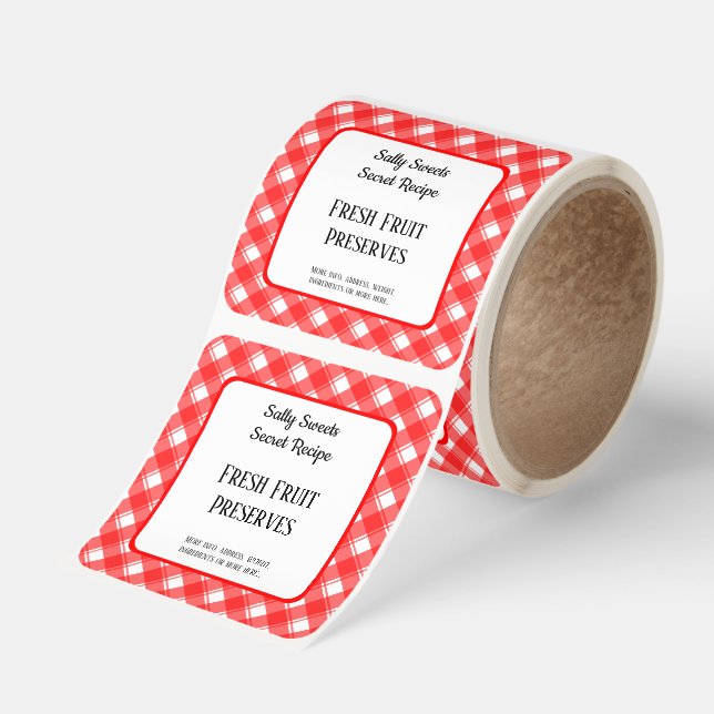 Red White Plaid Retro Custom Canning or Recipe Square Sticker (Roll)