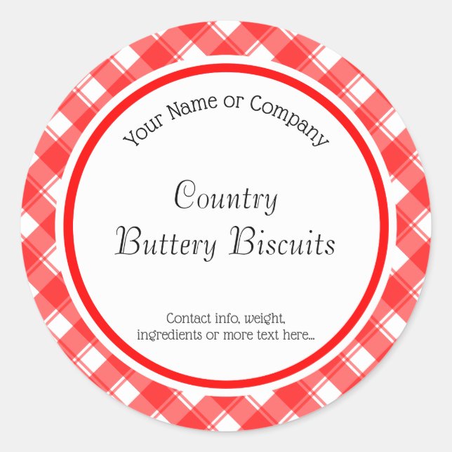 Red White Plaid Retro Editable Baking Classic Round Sticker (Front)