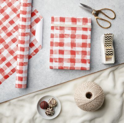 Red White Plaid Stripes Birthday Wrapping Paper