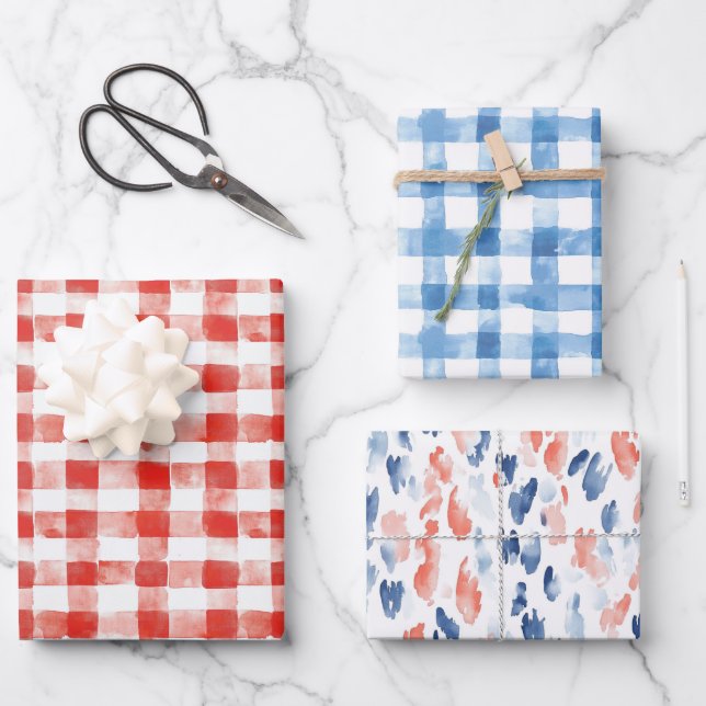 Red White Plaid Stripes Birthday Wrapping Paper Sheets (Front)