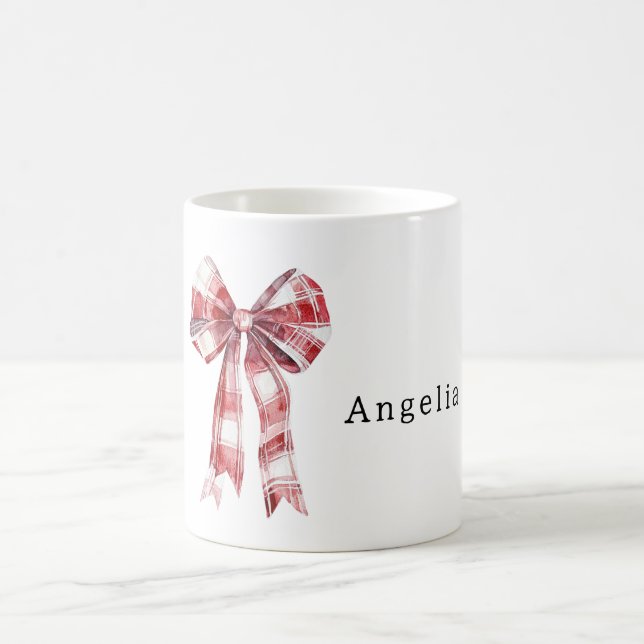 Red White Plaid Stripes Bow Coffee Mug (Center)