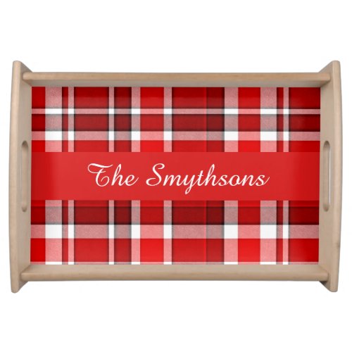 Red White Plaid Tartan  Add Your Name Serving Tray