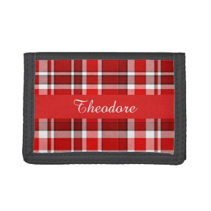 Red White Plaid Tartan | Add Your Name Tri-fold Wallet