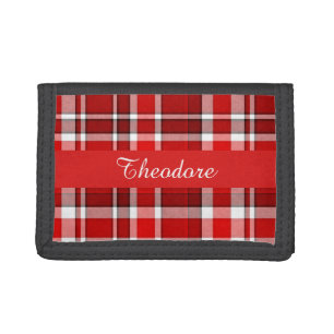 Red White Plaid Tartan   Add Your Name Tri-fold Wallet