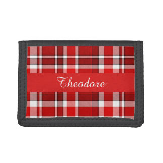 Red White Plaid Tartan | Add Your Name Trifold Wallet