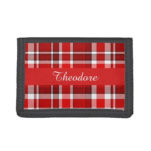 Red White Plaid Tartan | Add Your Name Trifold Wallet (Front)