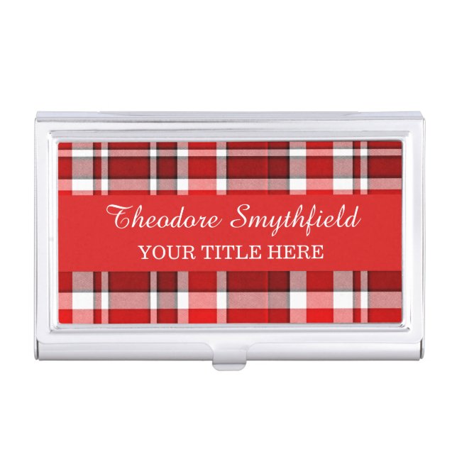 Red White Plaid Tartan Business Card Case (Front)