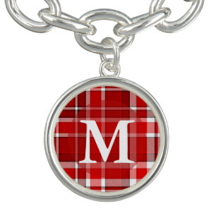 Red White Plaid Tartan Monogram Charm Bracelet