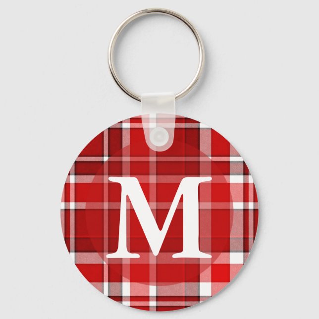 Red White Plaid Tartan Monogram Keychain (Front)