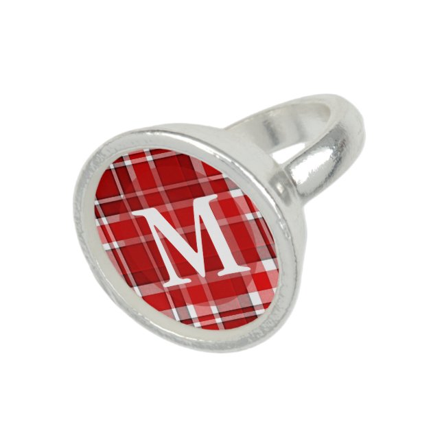 Red White Plaid Tartan Monogram Ring (Top)