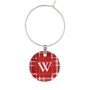 Red White Plaid Tartan Monogram Wine Glass Charm