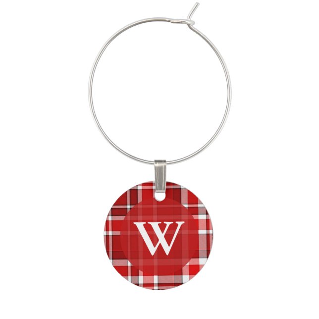 Red White Plaid Tartan Monogram Wine Glass Charm (Front)