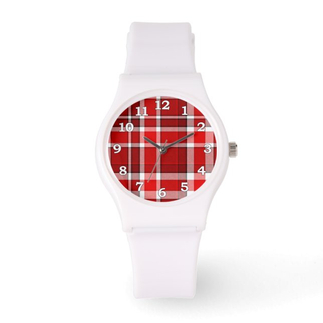 Red White Plaid Tartan Watch (Front)