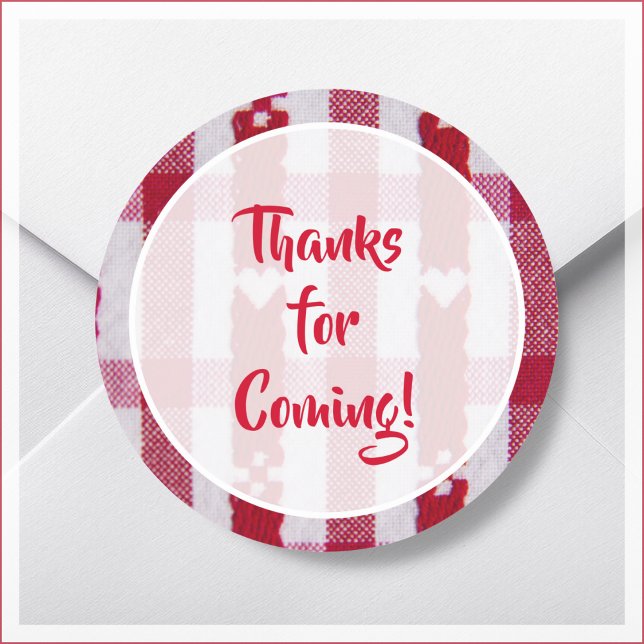 Red & White Plaid Thank You Favor Classic Round Sticker (Creator Uploaded)