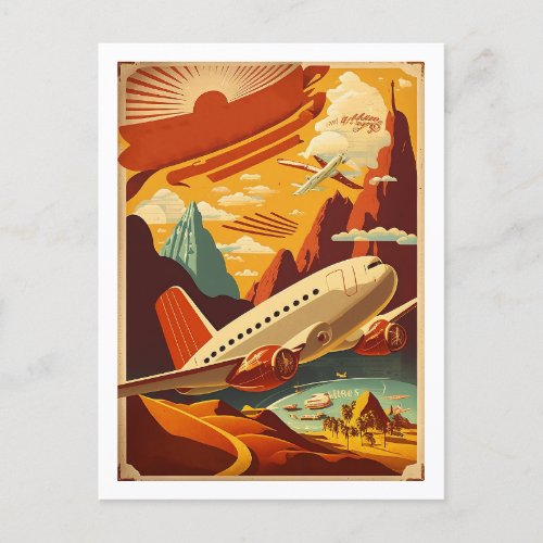 Red  White Plane Vintage Travel Art Postcard