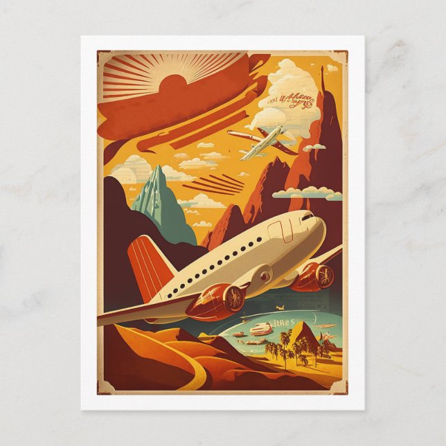 Red & White Plane Vintage Travel Art Postcard (Front)