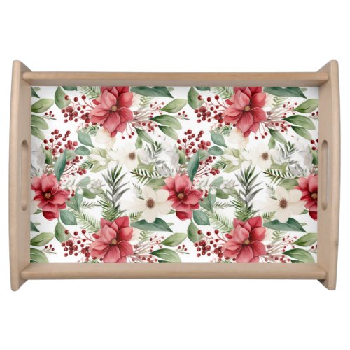 Red White Poinsettia Berry Christmas Serving Tray