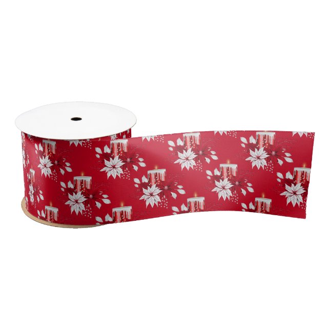 Red White Poinsettia Christmas  Satin Ribbon (Spool)
