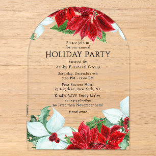 Red White Poinsettia Corporate Holiday Party Acrylic Invitations