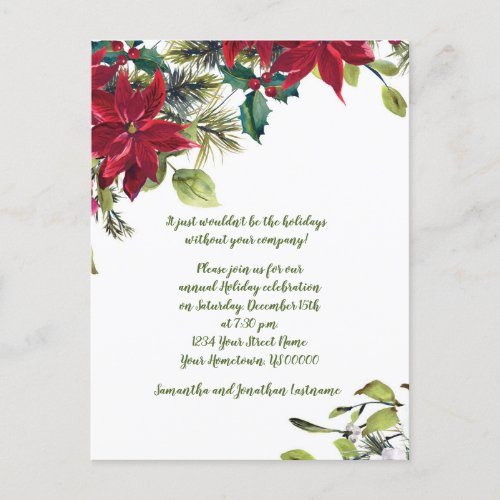 Red  White Poinsettia Holly Christmas Party Invitation Postcard
