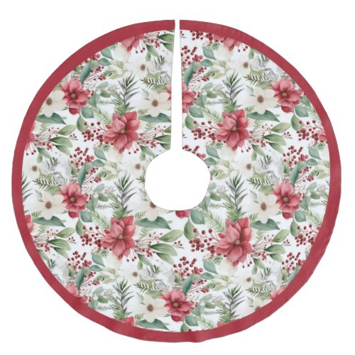 Red White Poinsettia Pattern Christmas Brushed Polyester Tree Skirt