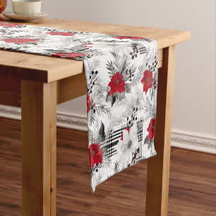 Red White Poinsettia Plaid Christmas Pattern Short Table Runner