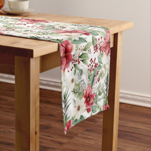 Red White Poinsettia Red Berry Christmas Pattern Short Table Runner
