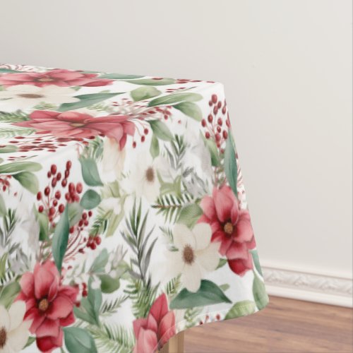 Red White Poinsettia Red Berry Pattern Christmas Tablecloth