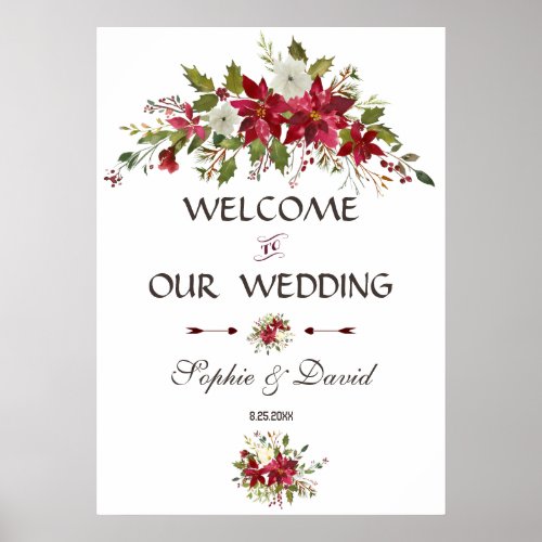 Red White Poinsettia Wedding Welcome Sign