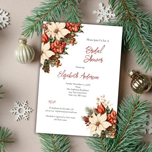 Red White Poinsettia Winter Holiday Bridal Shower Invitation