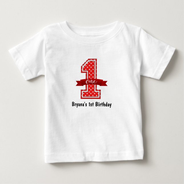 Red & White Polka Dot 1 One 1st Birthday Party Baby T-Shirt (Front)