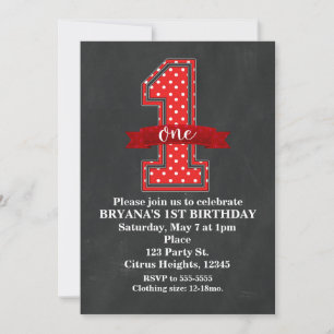 Red & White Polka Dot 1 One 1st Birthday Party Invitation