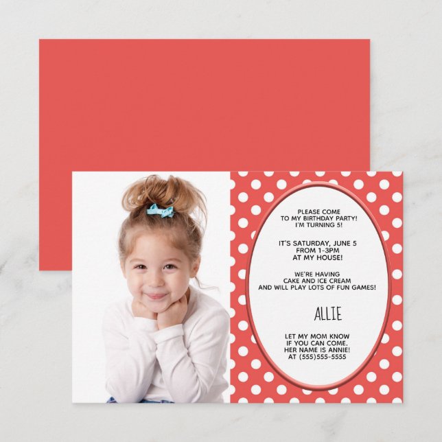 Red & White Polka Dot Birthday Party Photo Invite (Front/Back)