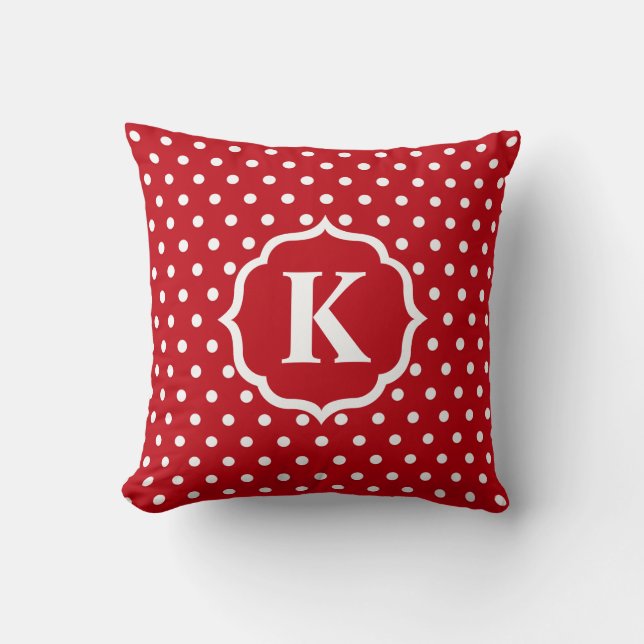 Red White Polka Dot Monogram Throw Pillow (Front)